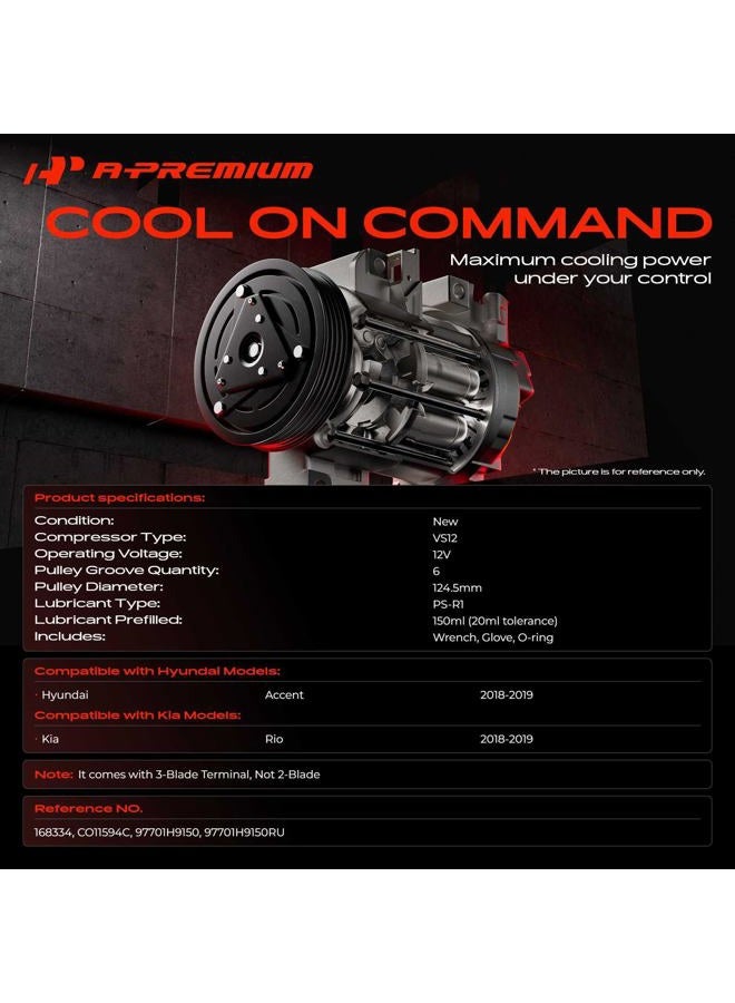 A-Premium AC Compressor Replacement for Hyundai Accent 2018-2019 Kia Rio, 1.6L, 12V, 124.5MM, 6PK - Image 2