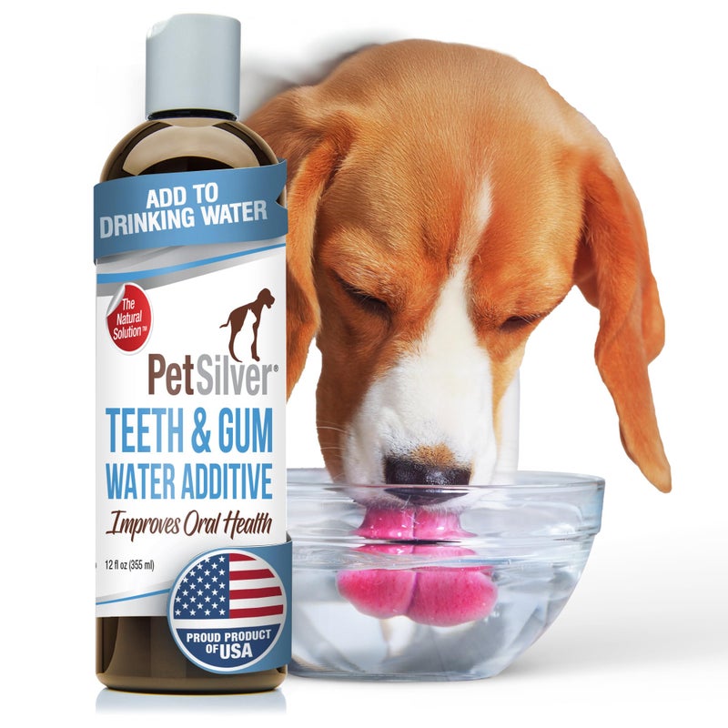 PetSilver Teeth & Gum Water Additive Dental Care for Pets with Patented Chelated Silver, Natural Dog Breath Freshener, Targets Tartar & Plaque, No Brushing, Cat and Dog Teeth Cleaning, 12 fl oz - Image 1