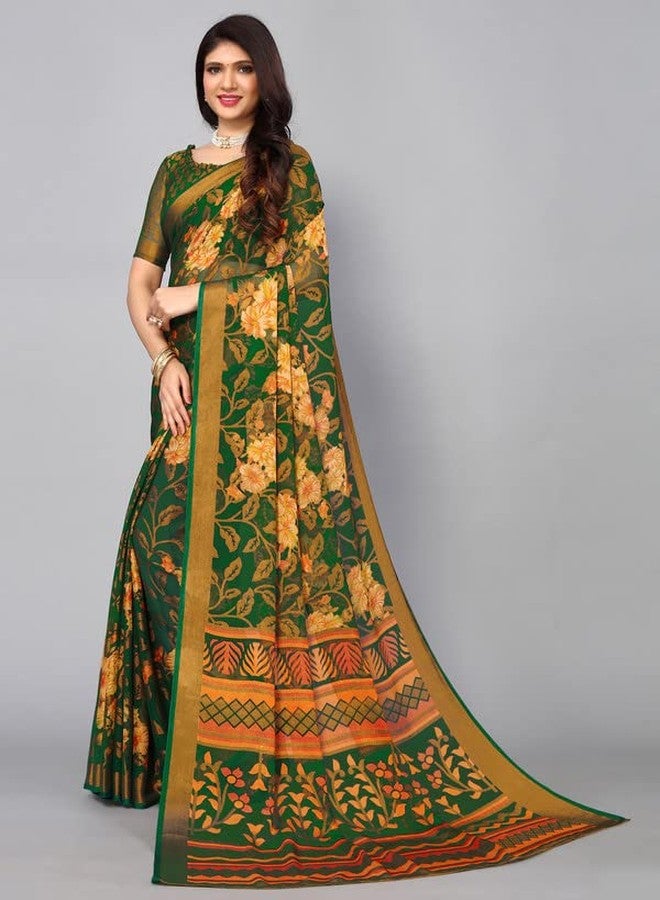 Satrani Women'S Brasso Self Woven (Floral) Saree With Unstitched Blouse Piece(2722S867N_Green & Multi) - Image 2