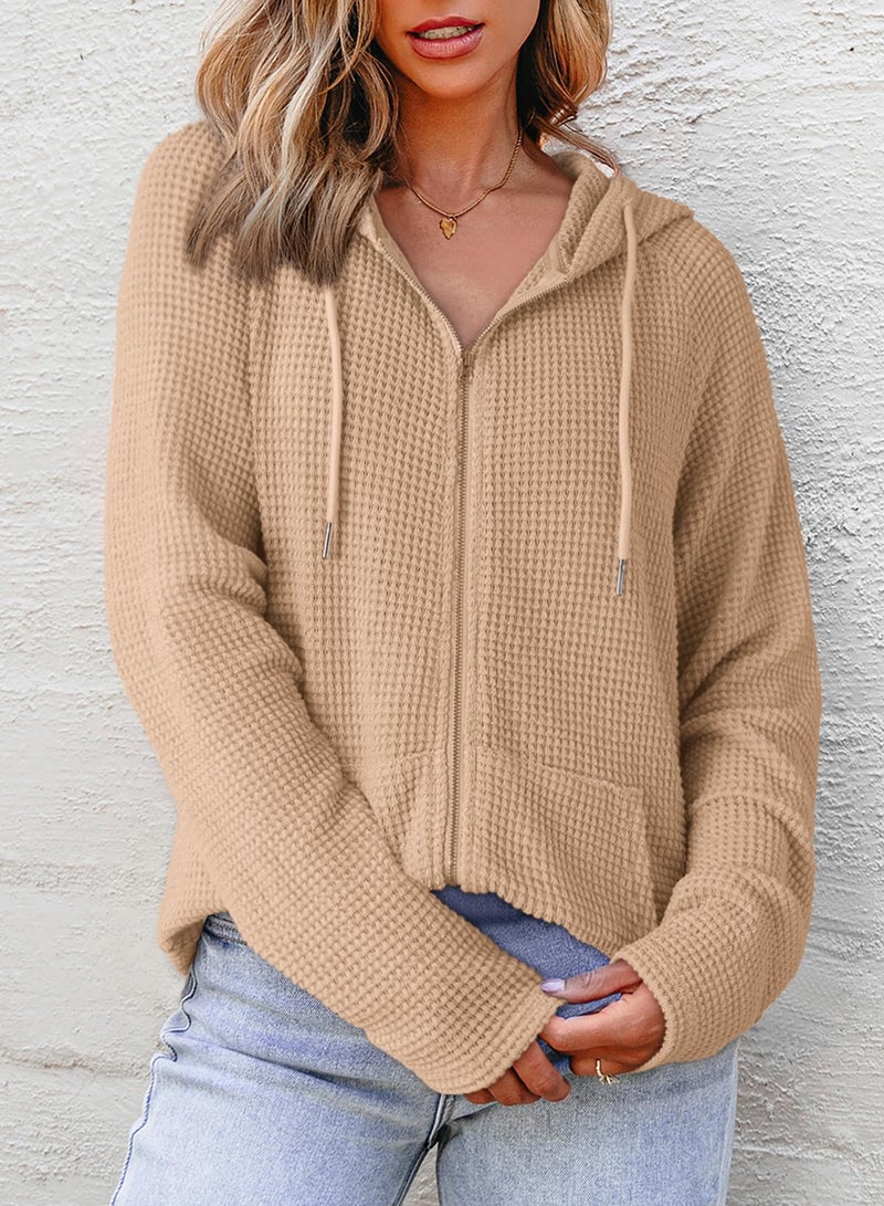 Dokotoo Womens Casual Plus Size Full Zip Up Hoodie Long Sleeve Solid Hooded Sweatshirts Waffle Knit Pockets Jacket Coat for Women 2026 Fall Fashion Outfits Beige XXLarge - Image 2