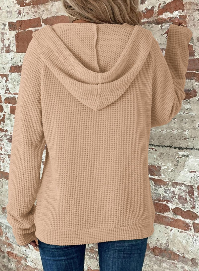 Dokotoo Womens Casual Plus Size Full Zip Up Hoodie Long Sleeve Solid Hooded Sweatshirts Waffle Knit Pockets Jacket Coat for Women 2026 Fall Fashion Outfits Beige XXLarge - Image 3