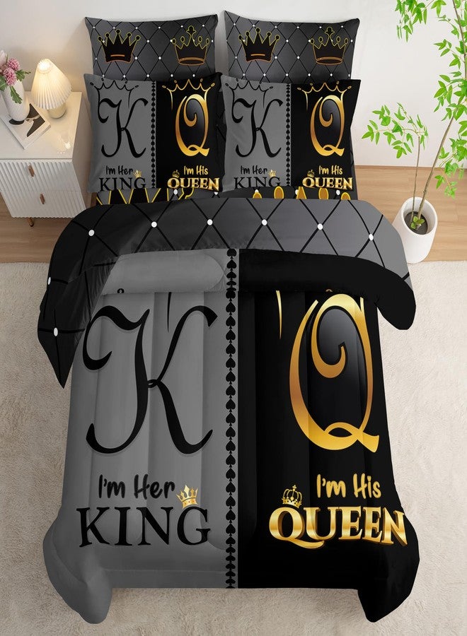 AILONEN Grey and Black Comforter Set Queen IZE,7-Piece K and Q Printed Crown Couple Bed in a Bag,His Her Lover Comforter & Fitted Sheet & Flat Sheet & 2 Pillowcases,2 Pillow Shams - Image 1
