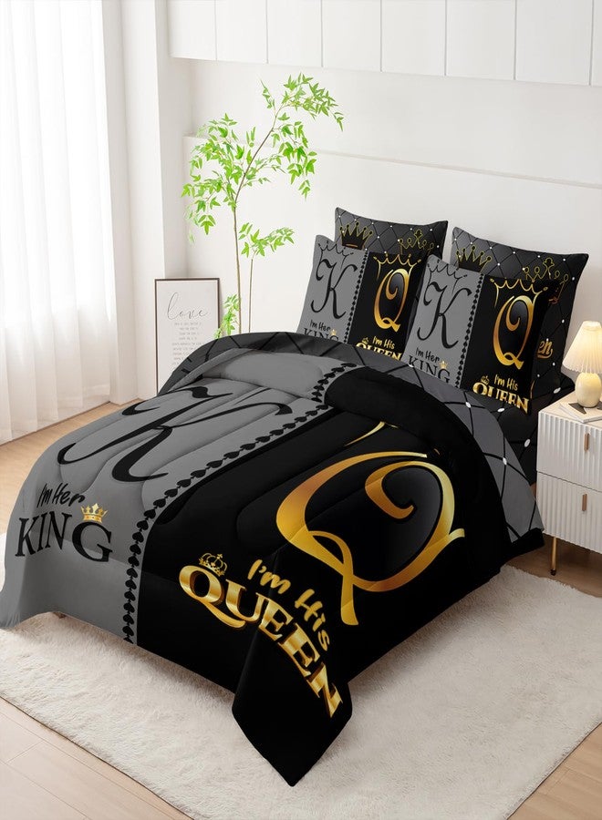 AILONEN Grey and Black Comforter Set Queen IZE,7-Piece K and Q Printed Crown Couple Bed in a Bag,His Her Lover Comforter & Fitted Sheet & Flat Sheet & 2 Pillowcases,2 Pillow Shams - Image 4