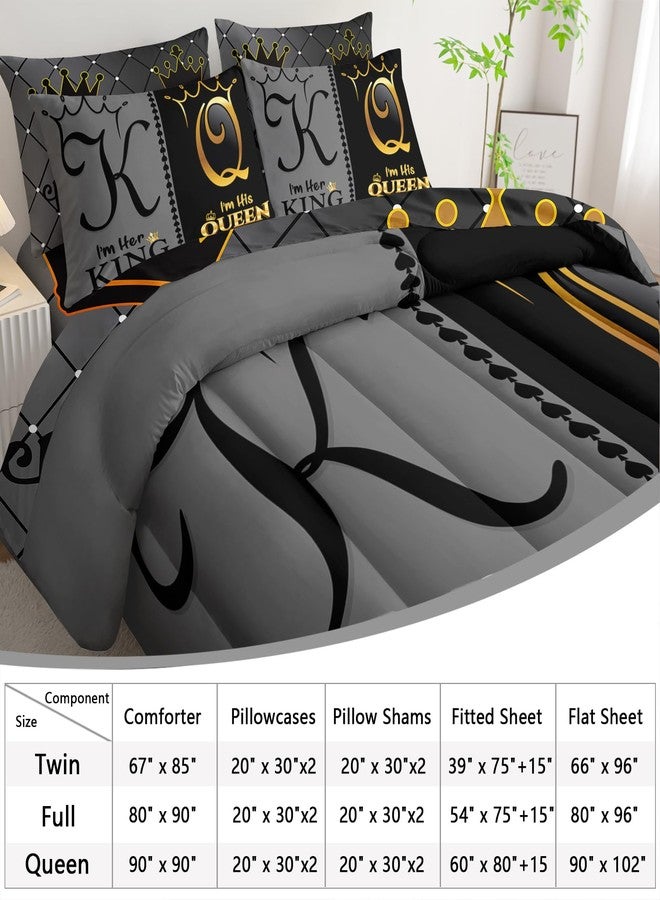 AILONEN Grey and Black Comforter Set Queen IZE,7-Piece K and Q Printed Crown Couple Bed in a Bag,His Her Lover Comforter & Fitted Sheet & Flat Sheet & 2 Pillowcases,2 Pillow Shams - Image 2