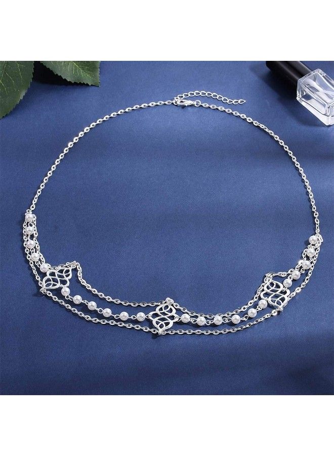 Aularso Vintage Head Chain Silver Pearl Hair Chain Layered Headpieces Beaded Headchain Jewelry Halloween Prom Hair Accessories For Women And Girls (Silver)  - Image 3