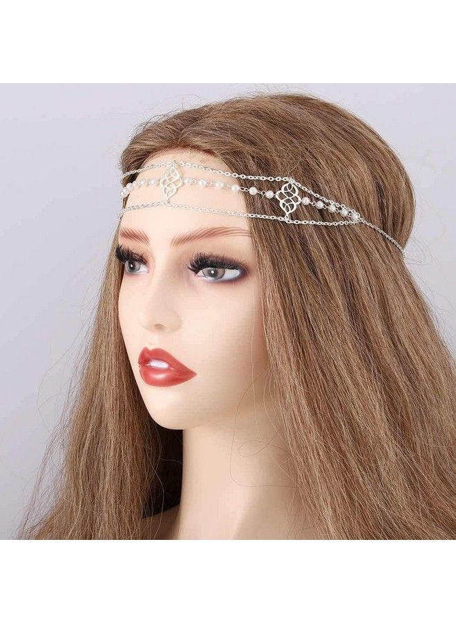 Aularso Vintage Head Chain Silver Pearl Hair Chain Layered Headpieces Beaded Headchain Jewelry Halloween Prom Hair Accessories For Women And Girls (Silver)  - Image 4
