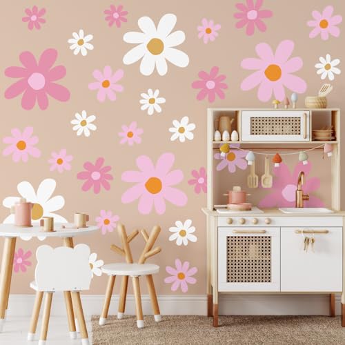 TaoBary 12 Sheets Daisy Wall Decal Flower Wall Sticker Cute Daisy Sticker Pink White Flower Decal Peel and Stick Floral Wallpaper for Nursery Bedroom Home Decor(Pink Color,Vibrant Style) - Image 1