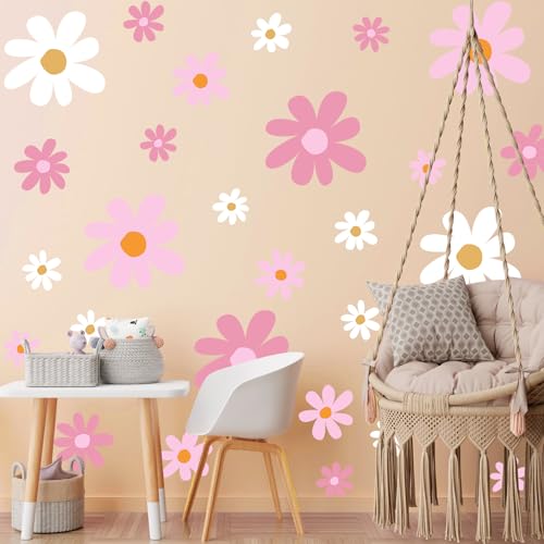 TaoBary 12 Sheets Daisy Wall Decal Flower Wall Sticker Cute Daisy Sticker Pink White Flower Decal Peel and Stick Floral Wallpaper for Nursery Bedroom Home Decor(Pink Color,Vibrant Style) - Image 5