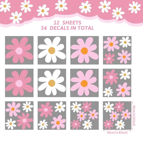 TaoBary 12 Sheets Daisy Wall Decal Flower Wall Sticker Cute Daisy Sticker Pink White Flower Decal Peel and Stick Floral Wallpaper for Nursery Bedroom Home Decor(Pink Color,Vibrant Style) - Image 2