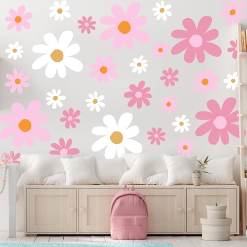 TaoBary 12 Sheets Daisy Wall Decal Flower Wall Sticker Cute Daisy Sticker Pink White Flower Decal Peel and Stick Floral Wallpaper for Nursery Bedroom Home Decor(Pink Color,Vibrant Style) - Image 3