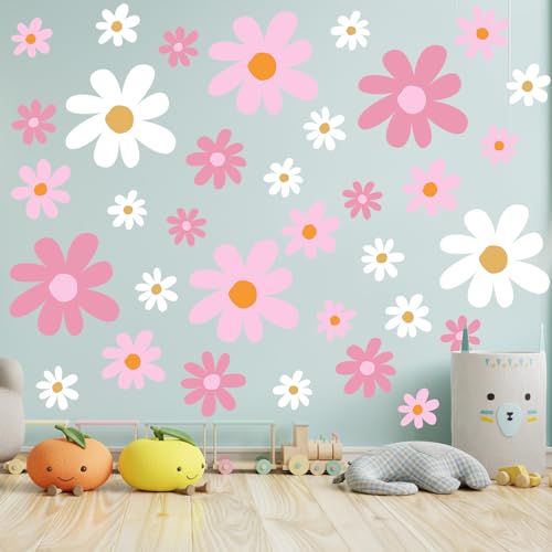 TaoBary 12 Sheets Daisy Wall Decal Flower Wall Sticker Cute Daisy Sticker Pink White Flower Decal Peel and Stick Floral Wallpaper for Nursery Bedroom Home Decor(Pink Color,Vibrant Style) - Image 4