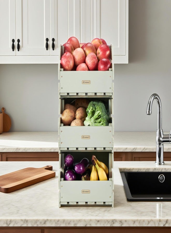 HABAU Wood Potato Onion Storage Bins - Wooden Stackable Produce Basket - Fruit Vegetable Storage for Kitchen Pantry Organization, Set 3 Pieces - Image 4