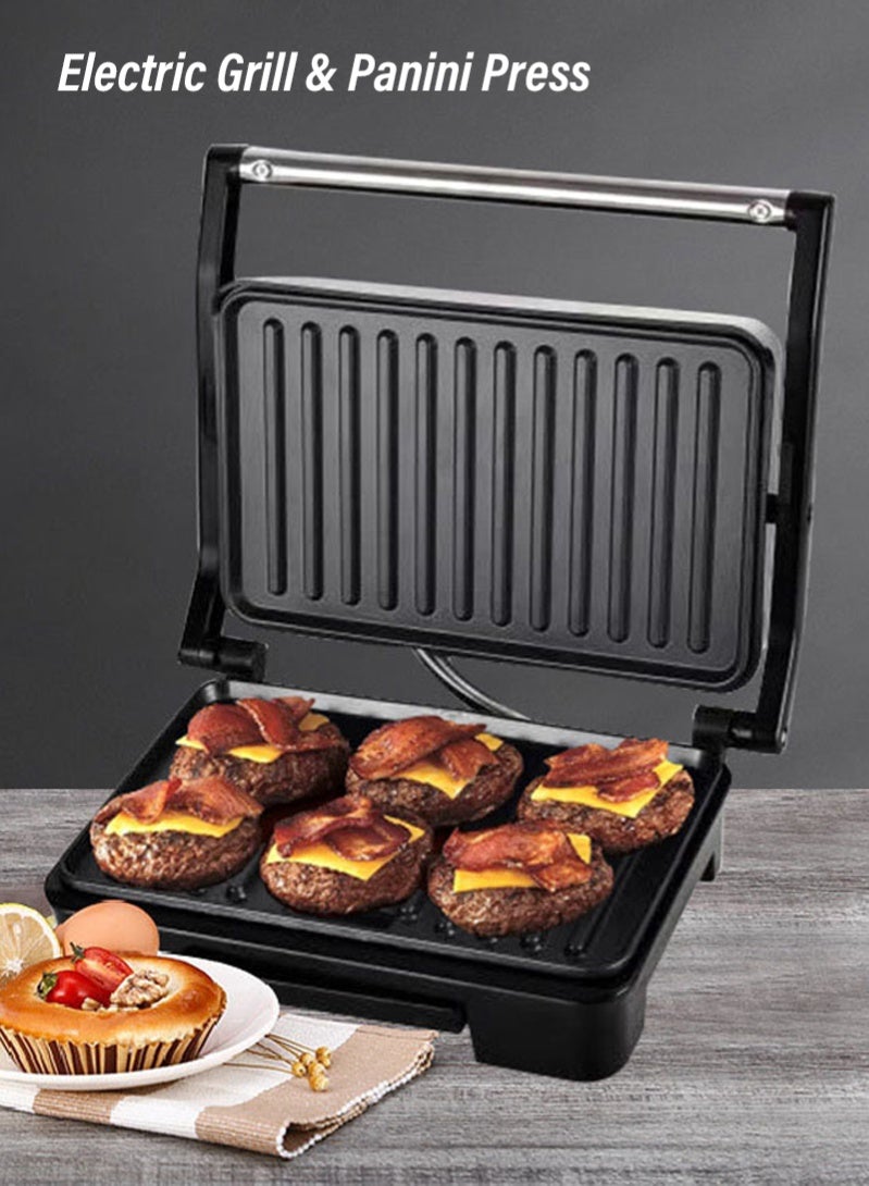 Halamine Electric Grill & Panini Press,Non-Stick Plates, Indicator Light, Cool Touch Handle, for Toasted Sandwiches, Kebabs, Steak, Meat, 750W - Image 1