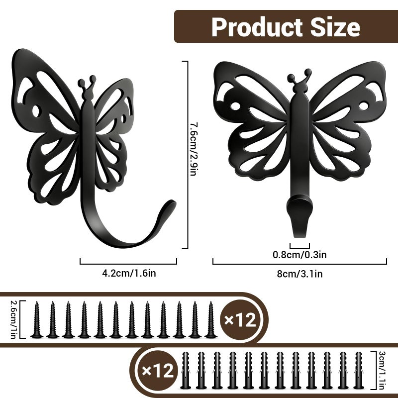 Midukit Butterfly Coat Hooks For Wall,Heavy Duty 20LB Black Coat Hooks & Towel Hooks,Metal Wall Mount Hangers for Bathroom,Living Room,Kitchen - for Hanging Coat,Hat,Key,Bag,Robe,Scarf,Dog Leash,6 Pack - Image 2