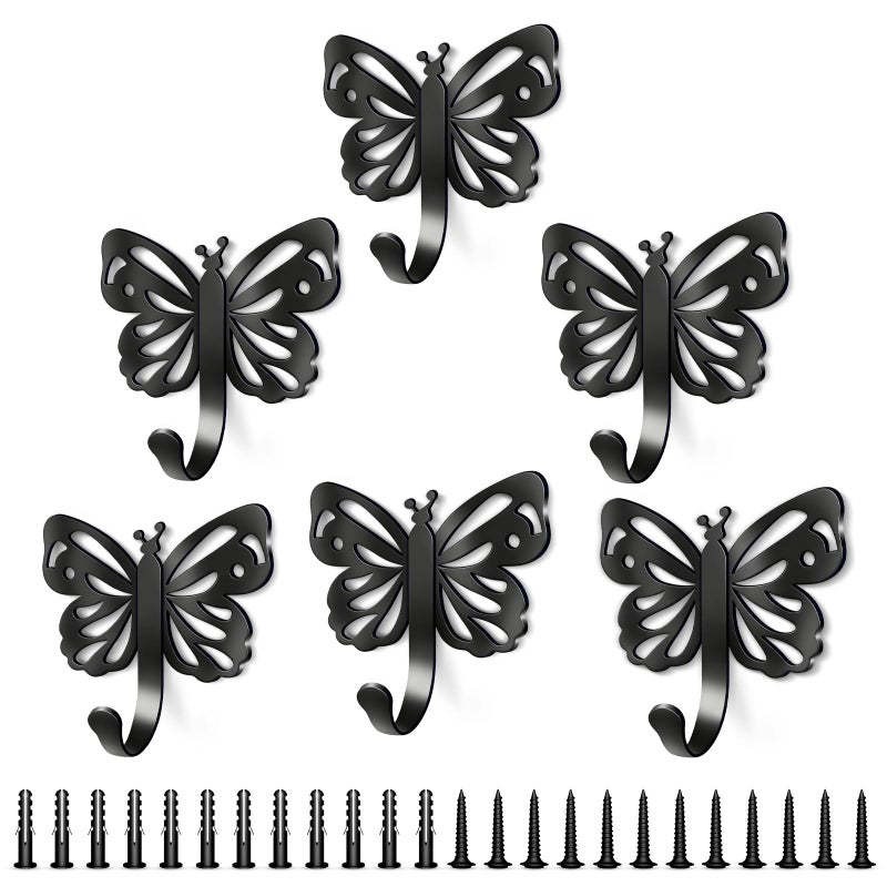 Midukit Butterfly Coat Hooks For Wall,Heavy Duty 20LB Black Coat Hooks & Towel Hooks,Metal Wall Mount Hangers for Bathroom,Living Room,Kitchen - for Hanging Coat,Hat,Key,Bag,Robe,Scarf,Dog Leash,6 Pack - Image 1