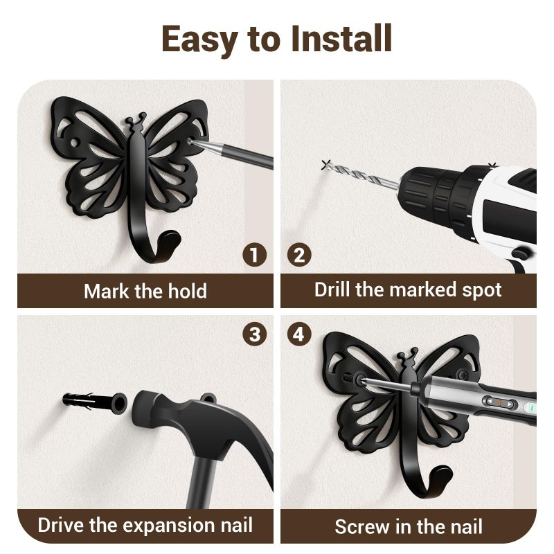 Midukit Butterfly Coat Hooks For Wall,Heavy Duty 20LB Black Coat Hooks & Towel Hooks,Metal Wall Mount Hangers for Bathroom,Living Room,Kitchen - for Hanging Coat,Hat,Key,Bag,Robe,Scarf,Dog Leash,6 Pack - Image 5