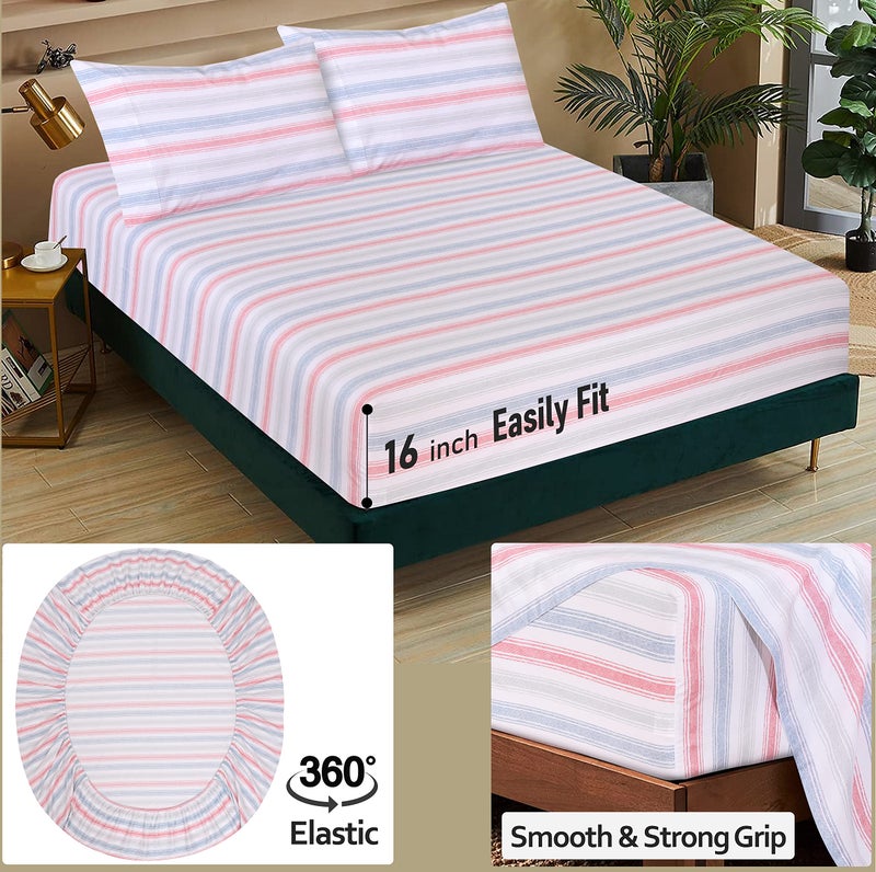 RUVANTI 100% Cotton King Size Sheets Set, 4 Pieces, Soft & Breathable Percale Weave Bedding, Deep Pocket 16", Hotel Standard, Crisp Cool Feel, Durable, Perfect Striped Bed Sheet, Times - Image 5