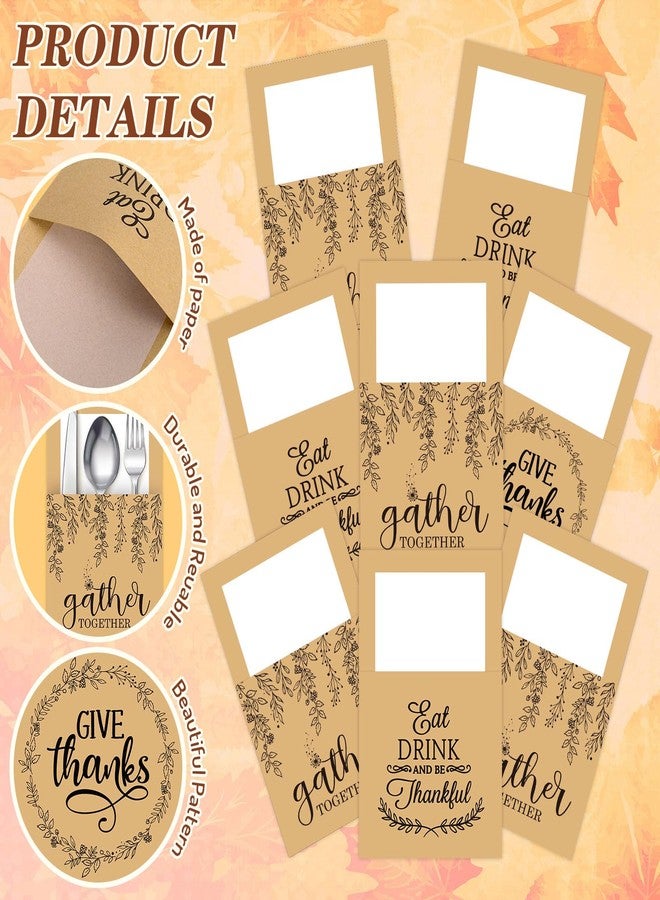 Whaline 100Pcs Thanksgiving Turkey Cutlery Paper Holders Rustic Kraft Utensil Paper Bag Pocket for Autumn Fall Party Harvest Dinner Table Decor - Image 3
