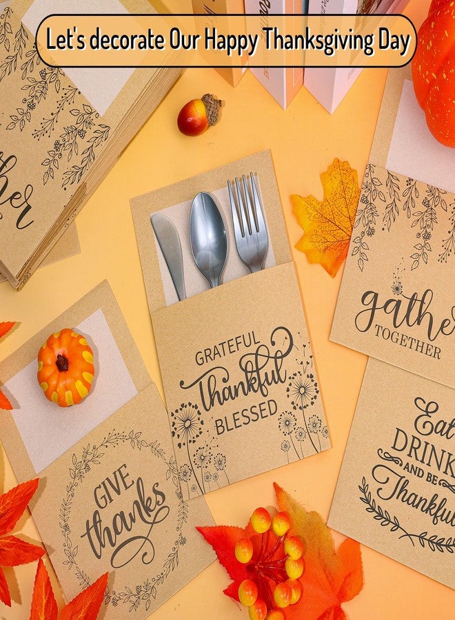 Whaline 100Pcs Thanksgiving Turkey Cutlery Paper Holders Rustic Kraft Utensil Paper Bag Pocket for Autumn Fall Party Harvest Dinner Table Decor - Image 4