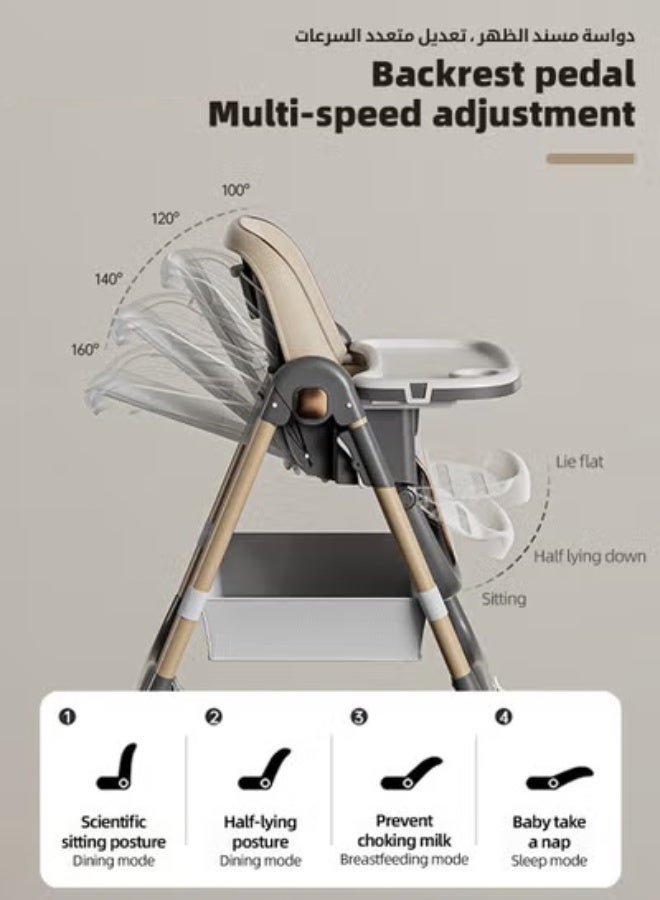 DOOKOO Baby High Chair, Foldable Children Dining Chairs for Eating With Wheels, Multifunctional Toddler Feeding Chair with Double Removable Tray, Adjustable Back and Footrest, Storage Pocket - Image 4