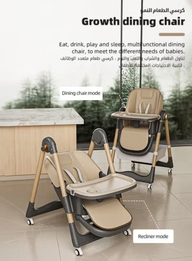 DOOKOO Baby High Chair, Foldable Children Dining Chairs for Eating With Wheels, Multifunctional Toddler Feeding Chair with Double Removable Tray, Adjustable Back and Footrest, Storage Pocket - Image 3