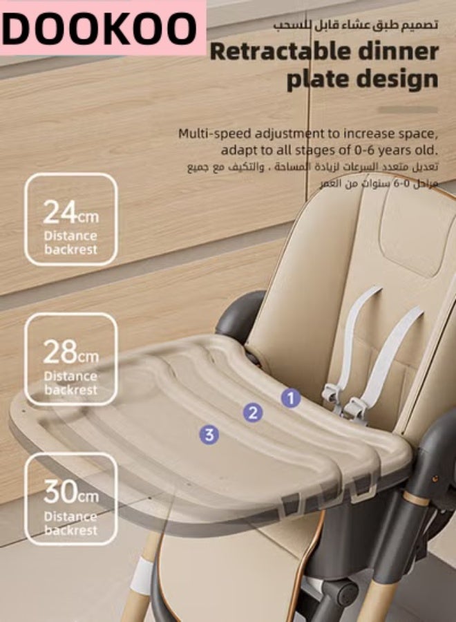 DOOKOO Baby High Chair, Foldable Children Dining Chairs for Eating With Wheels, Multifunctional Toddler Feeding Chair with Double Removable Tray, Adjustable Back and Footrest, Storage Pocket - Image 5