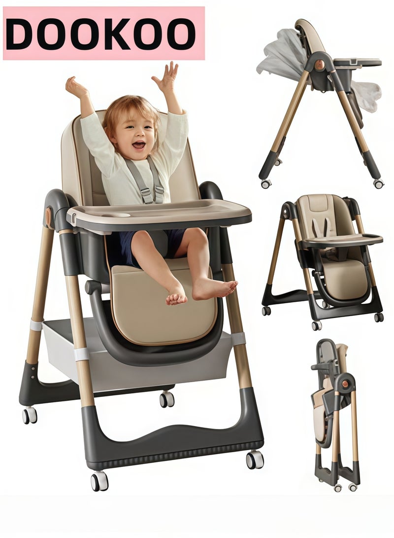 DOOKOO Baby High Chair, Foldable Children Dining Chairs for Eating With Wheels, Multifunctional Toddler Feeding Chair with Double Removable Tray, Adjustable Back and Footrest, Storage Pocket - Image 1