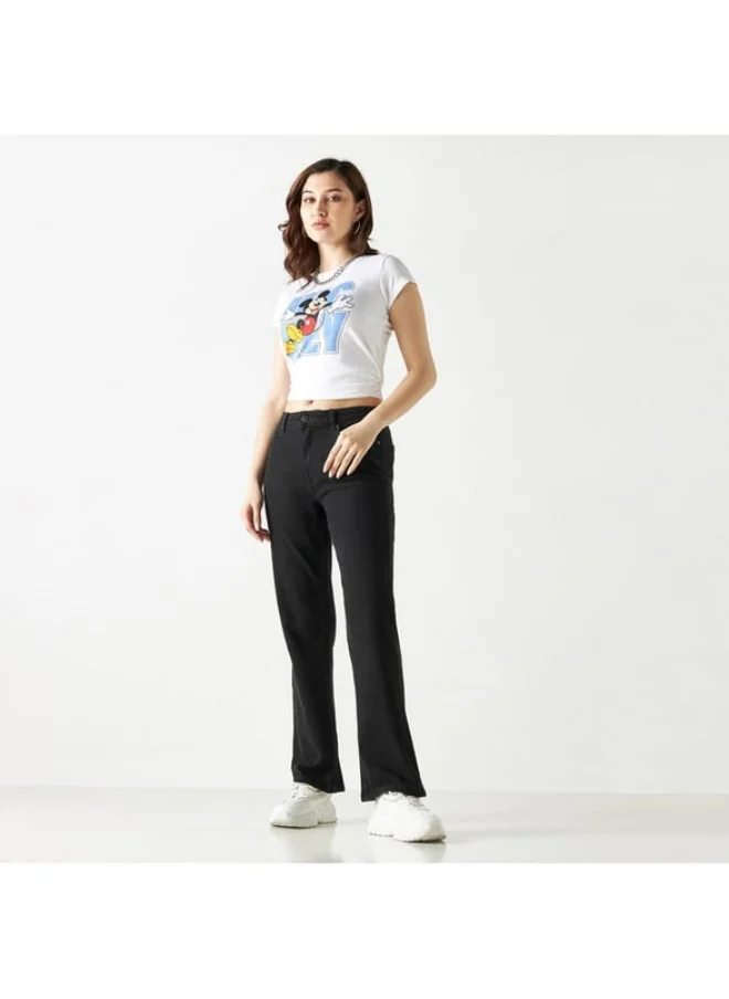 SP Characters Mickey Mouse Print T-shirt with Crew Neck and Cap Sleeves