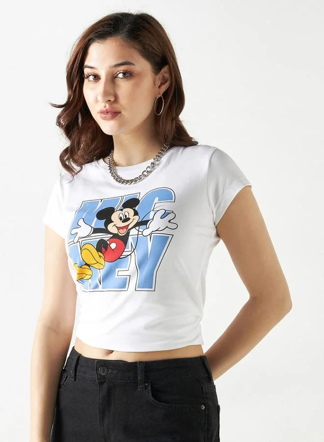 Mickey Mouse Print T-shirt with Crew Neck and Cap Sleeves