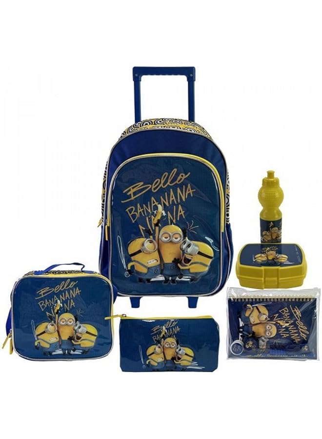 يونيفرسال حقيبة ظهر 6 في 1 من مينيونز بنانا ترولي، حقيبة مدرسية بعجلات ذات سعة كبيرة مع حقيبة غداء وحقيبة أقلام رصاص، مقاومة للماء، مثالية للأطفال الذين تتراوح أعمارهم بين 3 و8 و18 بوصة - Image 1