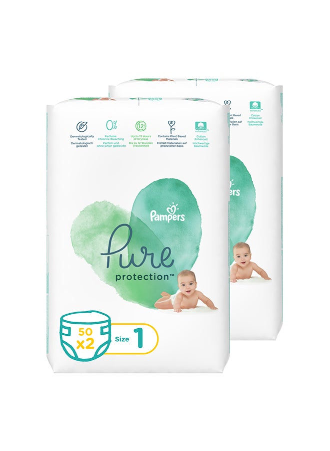 Pampers Pure Protection Diapers, Size 1, 2 - 5 Kg, 100 Count (50 X 2) - Dermatologically Tested - Image 1