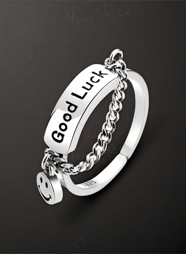 Plane Trees Good Luck Sterling Silver Adjustable Ring for Women - 925 Silver Smiley Face Charm Chain Ring, Open Design, Trendy Gift Jewelry - Image 1