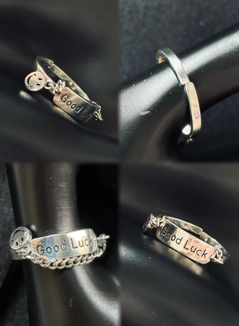 Plane Trees Good Luck Sterling Silver Adjustable Ring for Women - 925 Silver Smiley Face Charm Chain Ring, Open Design, Trendy Gift Jewelry - Image 2