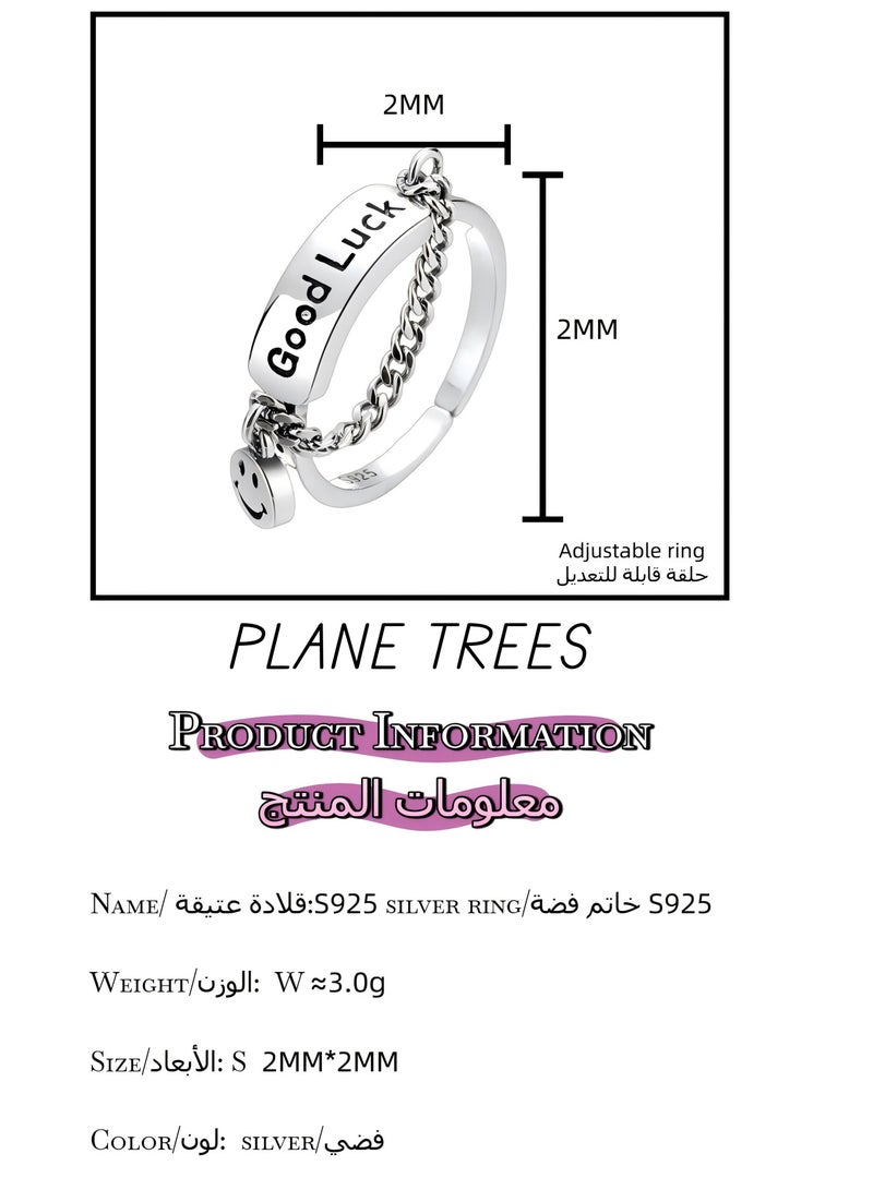 Plane Trees Good Luck Sterling Silver Adjustable Ring for Women - 925 Silver Smiley Face Charm Chain Ring, Open Design, Trendy Gift Jewelry - Image 3