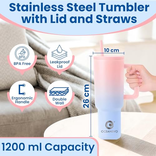 OCEANEVO 1200 ML Stainless Steel Tumbler with Lid and 3 Straws, Double Insulated Cup with Handle for Hot and Cold, 100% Leakproof Mug for Office, Gym and Travel - Pink and Blue - Image 2