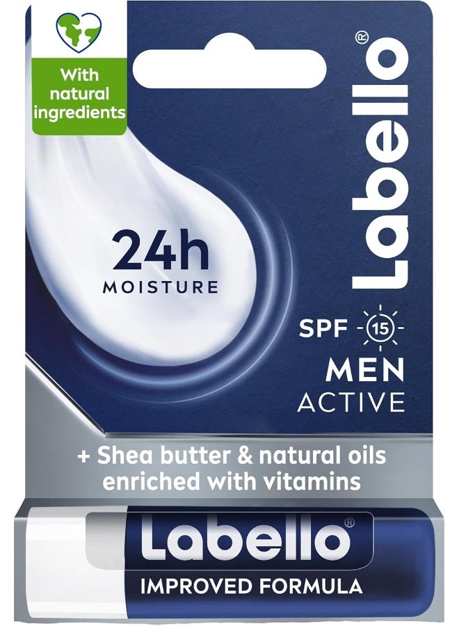 Labello بلسم شفاه لابيلو للرجال النشط، SPF 15، ترطيب يدوم 24 ساعة، مع مكونات طبيعية، خالي من الزيوت المعدنية، خالي من العطور، 4.8 جرام - Image 1