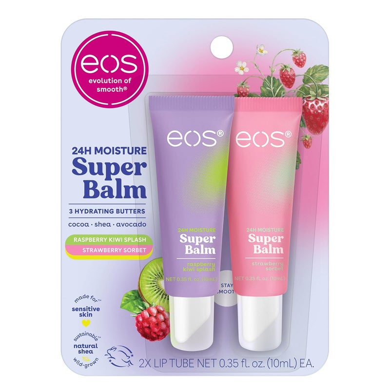 eos 24H Moisture Super Balm Raspberry Kiwi Splash  Strawberry Sorbet Lip Mask Day or Night Lip Treatment Made for Sensitive Skin 035 fl oz 2Pack