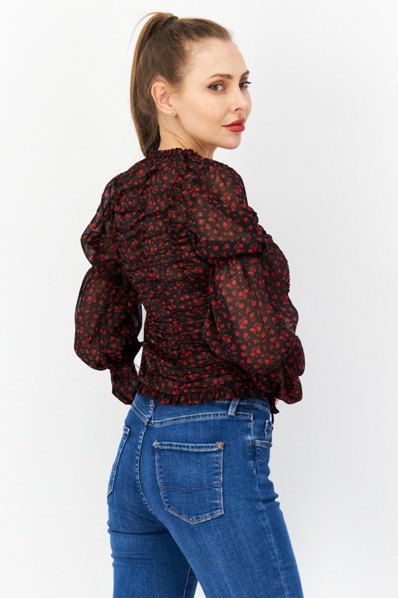 NA-KD بلوزة نسائية بأكمام طويلة وفتحة على شكل V بطبعة زهور، سوداء - Image 2