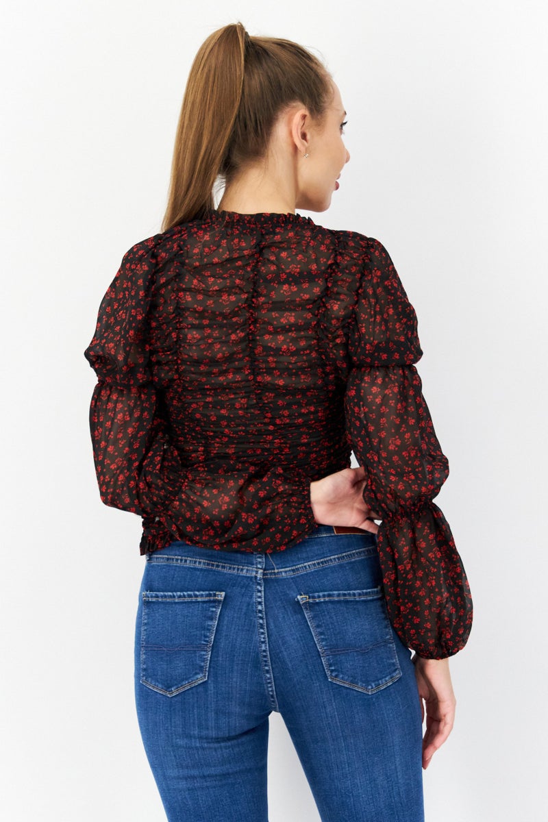 NA-KD بلوزة نسائية بأكمام طويلة وفتحة على شكل V بطبعة زهور، سوداء - Image 4