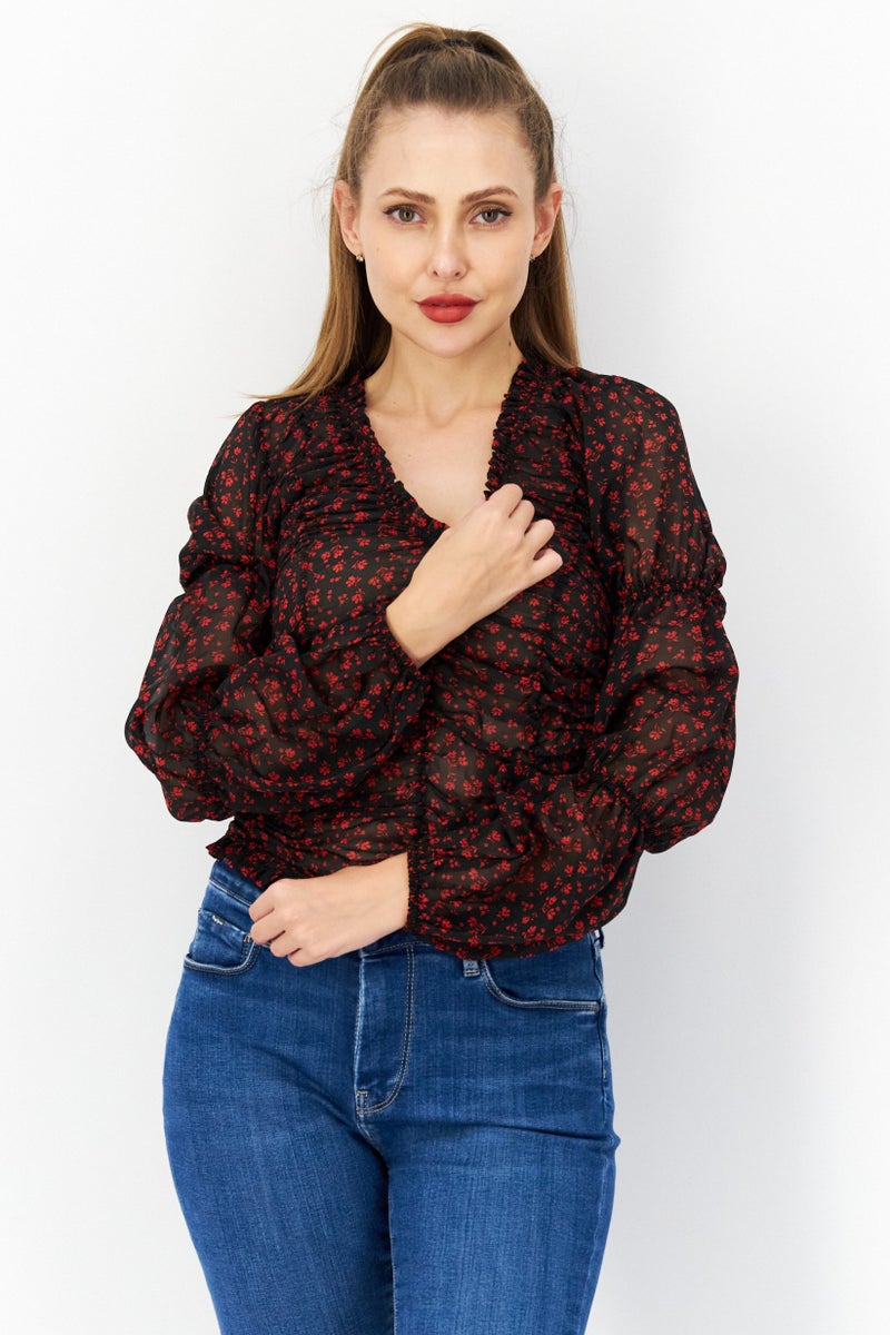 NA-KD بلوزة نسائية بأكمام طويلة وفتحة على شكل V بطبعة زهور، سوداء - Image 1