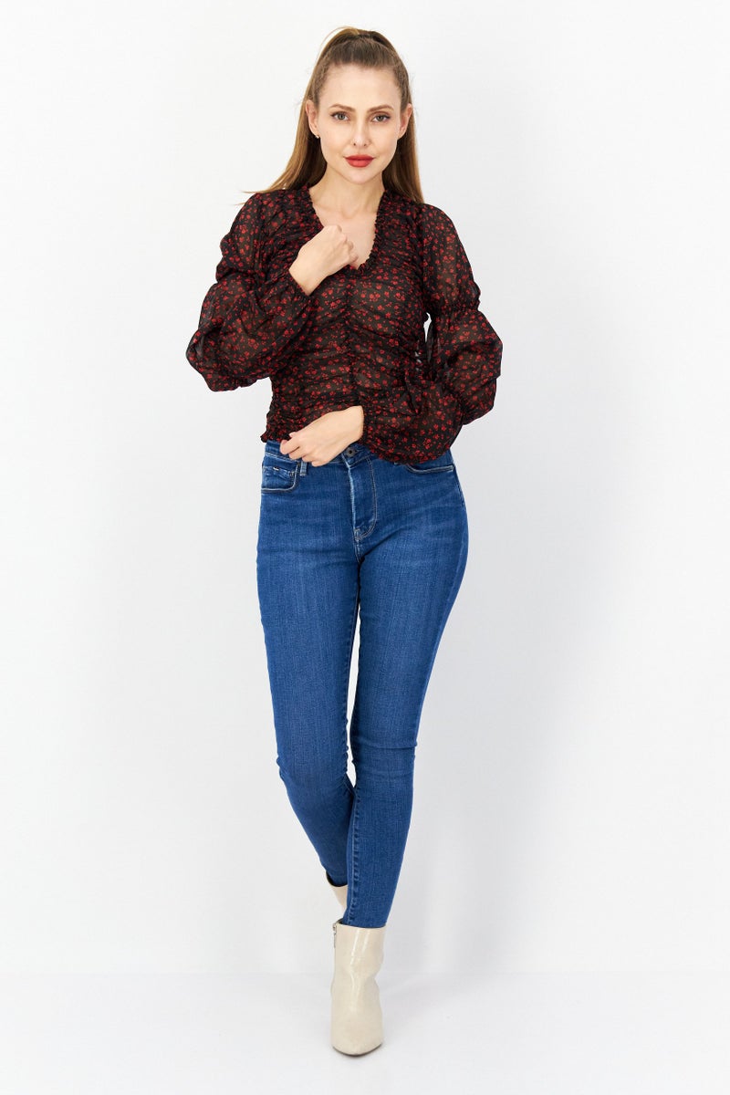 NA-KD بلوزة نسائية بأكمام طويلة وفتحة على شكل V بطبعة زهور، سوداء - Image 3