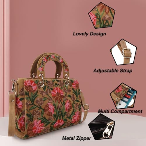 EVEDA Synthetic Leather Gorgeous Embroidery Stylish Design Shoulder Crossbody Hobo Women Handbag, Beige - Image 5