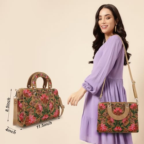 EVEDA Synthetic Leather Gorgeous Embroidery Stylish Design Shoulder Crossbody Hobo Women Handbag, Beige - Image 3