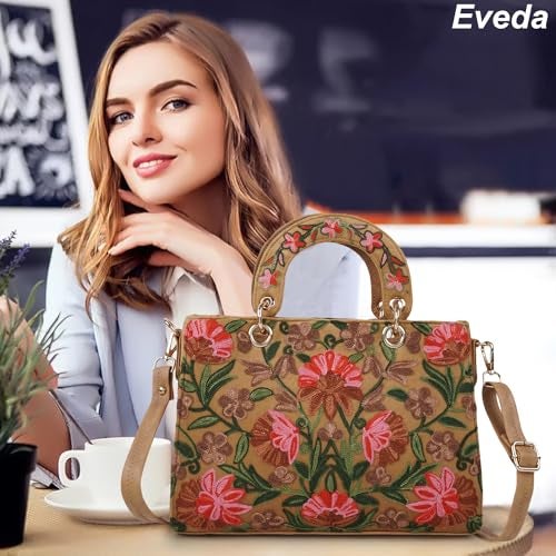 EVEDA Synthetic Leather Gorgeous Embroidery Stylish Design Shoulder Crossbody Hobo Women Handbag, Beige - Image 2