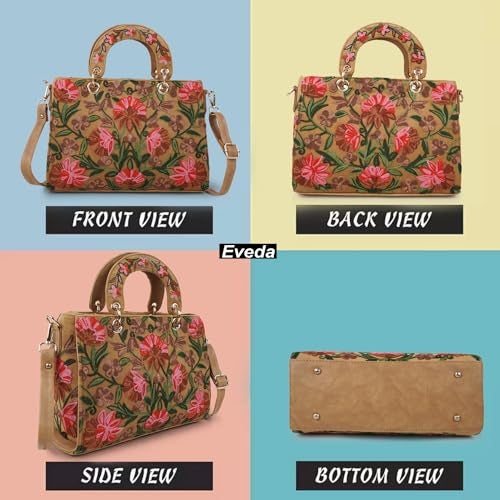 EVEDA Synthetic Leather Gorgeous Embroidery Stylish Design Shoulder Crossbody Hobo Women Handbag, Beige - Image 4