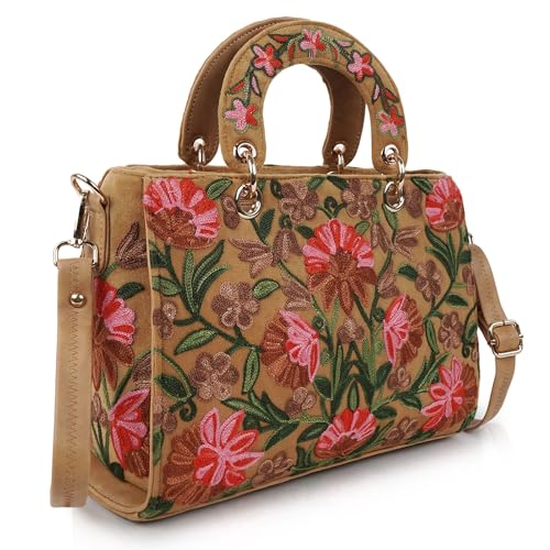 EVEDA Synthetic Leather Gorgeous Embroidery Stylish Design Shoulder Crossbody Hobo Women Handbag, Beige - Image 1