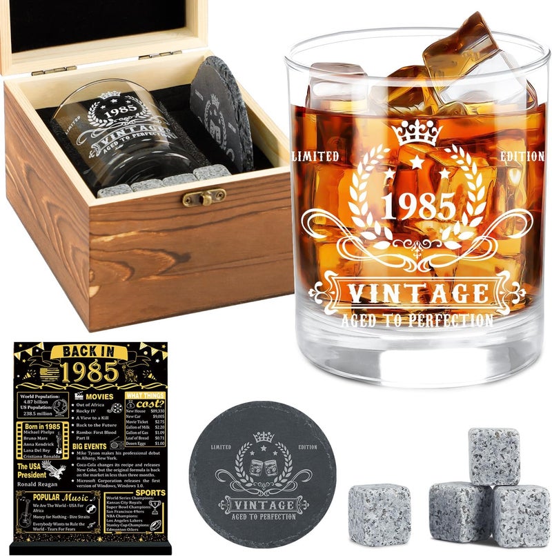 YeohJoy 40th Birthday Gifts for Men,Vintage 1985 Whiskey Glass Set,Wood Box & Whiskey Stones & 1985 Poster Anniversary Card & Coaster,Birthday Gifts Ideas for Him,Husband,Dad - Image 1