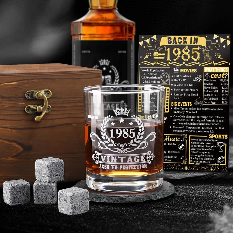 YeohJoy 40th Birthday Gifts for Men,Vintage 1985 Whiskey Glass Set,Wood Box & Whiskey Stones & 1985 Poster Anniversary Card & Coaster,Birthday Gifts Ideas for Him,Husband,Dad - Image 4