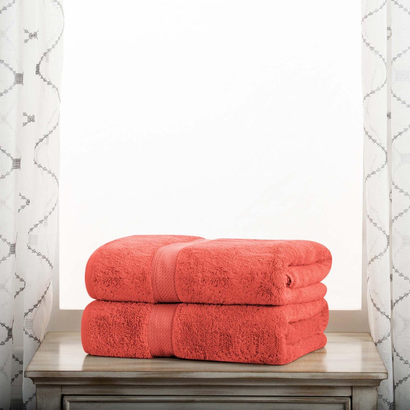 Superior Egyptian Cotton Pile Bath Towel Set of 2 Ultra Soft Luxury Towels Thick Plush Essentials Absorbent Heavyweight Guest Bath Hotel Spa Home Bathroom Shower Basics Coral