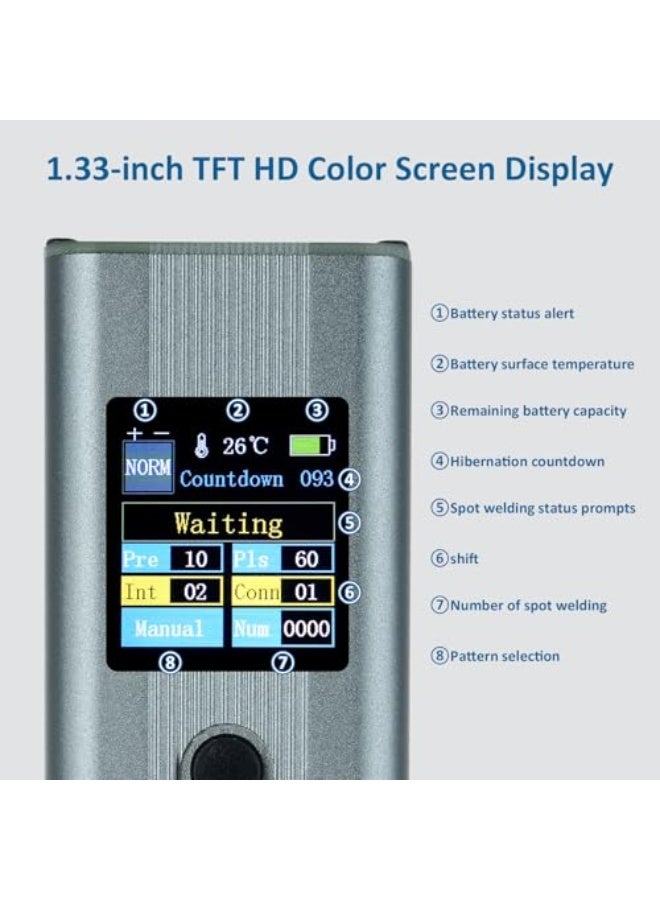 جهاز لحام بقعة محمول باليد يعمل بالبطارية مع شاشة عرض TFT بحجم 1.33 بوصة وأطراف نيكل، أداة لحام بالنقطة مزودة بـ11 مستوى قابل للتعديل، لصهر شرائط فولاذية بطبقة نيكل بسماكة 0.1 إلى 0.3 ملم من اياكام. - Image 5